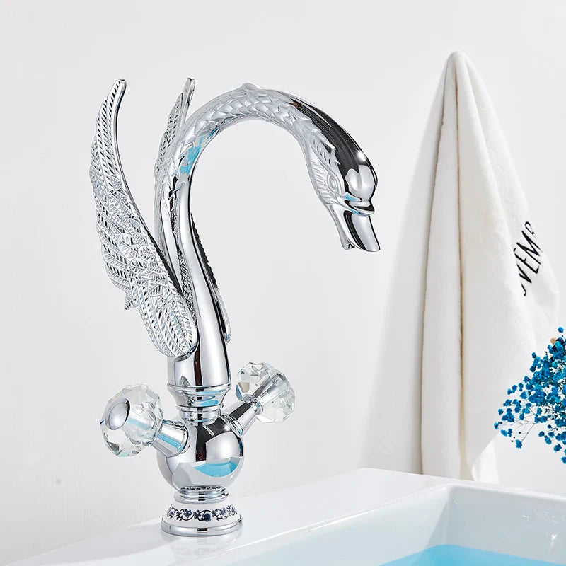 Afralia™ Gold Brass Black Swan Bathroom Basin Faucet Luxury Single Mixer Tap Deck Mounted