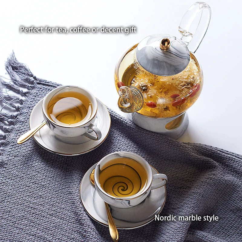 Afralia™ Nordic Marbling Porcelain Tea Set Tea Pot Teacup Coffee Cup Teaware Set