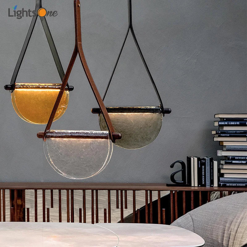 Afralia™ Handmade Leather Glass Pendant Lamp for Room Restaurant Bedside - Modern Style