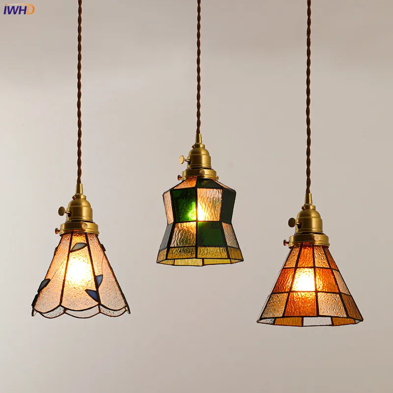 Afralia™ Glass LED Pendant Lights 4W for Dinning Living Room, Japanese Wood Copper Vintage Hanging Light