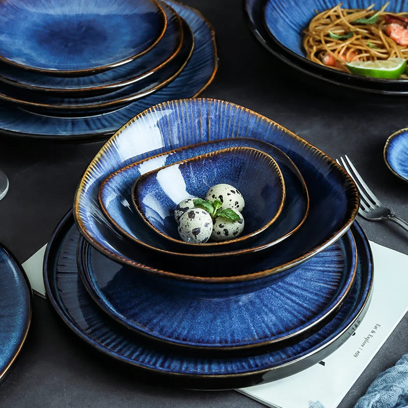 Afralia™ Ceramic Blue Glaze Tableware Plate Bowl Set - Eco-Friendly Porcelain, Solid Design