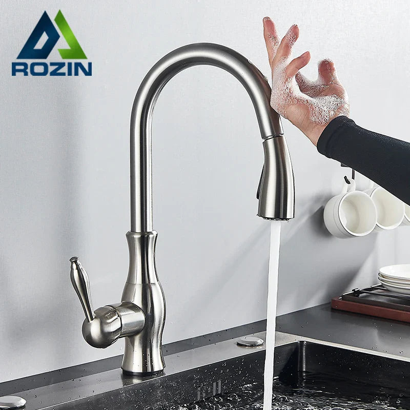 Afralia™ Smart Touch Kitchen Faucet: Sensor Dual Outlet Mixer Taps, 360 Rotation, Nickel/Black
