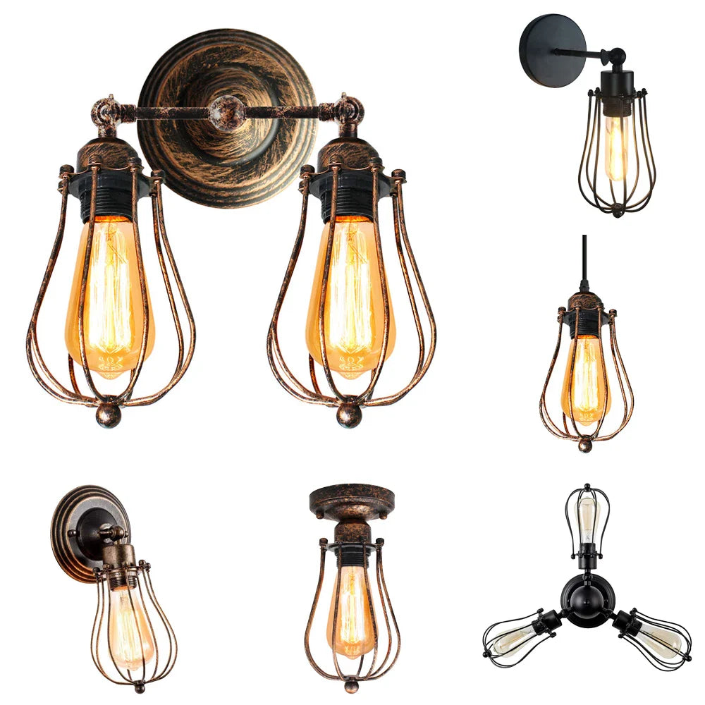 Afralia™ Adjustable Industrial Wall Light Rustic Wire Metal Cage Sconce