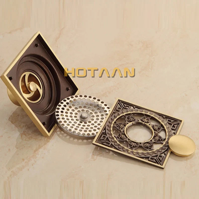Afralia™ Antique Brass Flower Art Bathroom Floor Drain Waste Grate