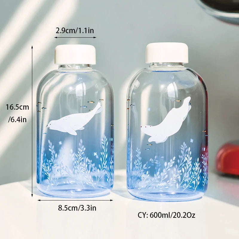 Afralia™ Blue Glass Water Bottle 600ml Cute Polar Bear Seal Design Waterbottle