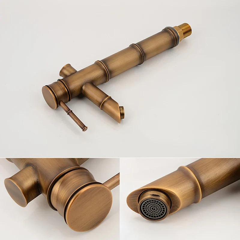 Afralia™ Antique Brass Bamboo Basin Faucet Single Handle Hot Cold Water Tap
