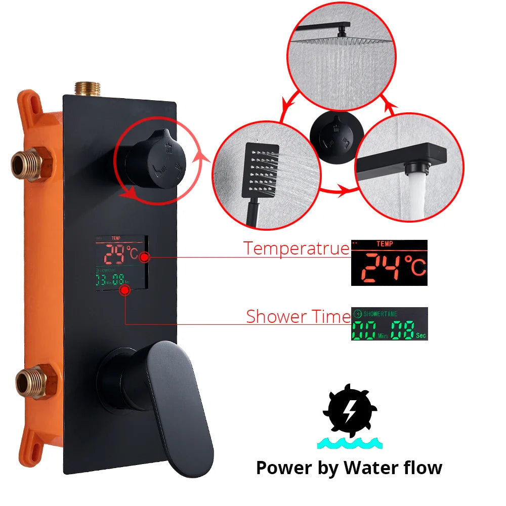 Afralia™ Matte Black LCD Shower Faucet Rain Waterfall Hot Cold Mixer Tap