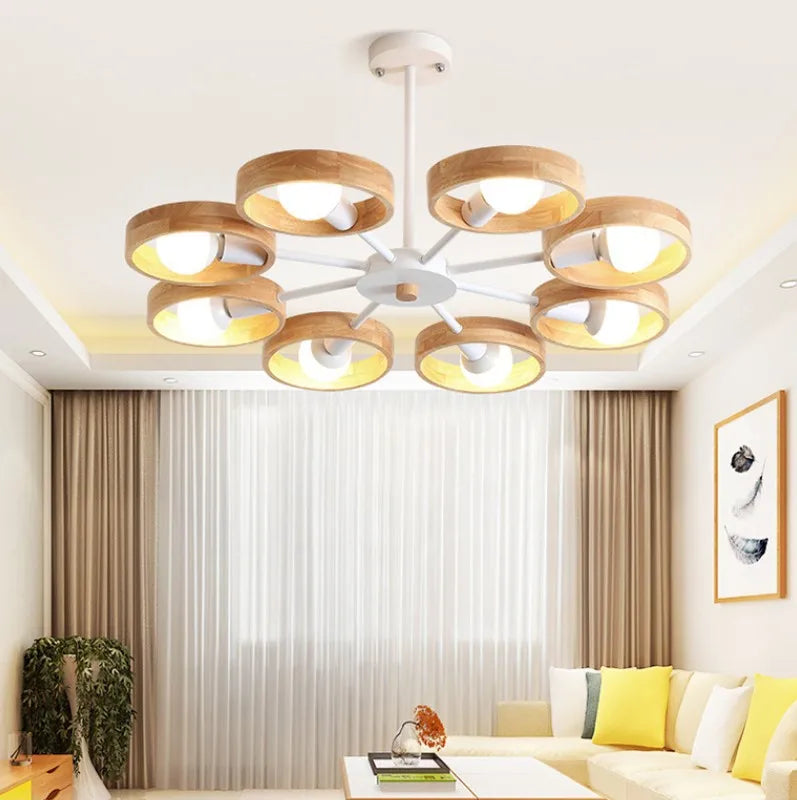 Afralia™ Round Wooden Chandelier with Black Lampshade for Living Room & Dining Room