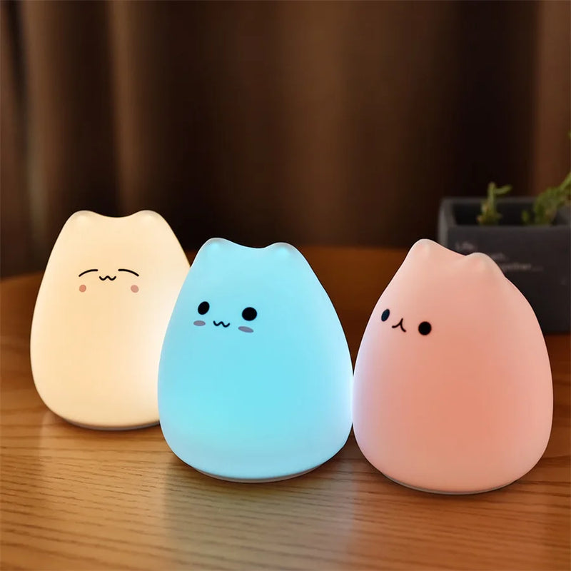 Afralia™ Cat Silicone Touch Night Light For Kids - 7 Color LED Baby Lamp