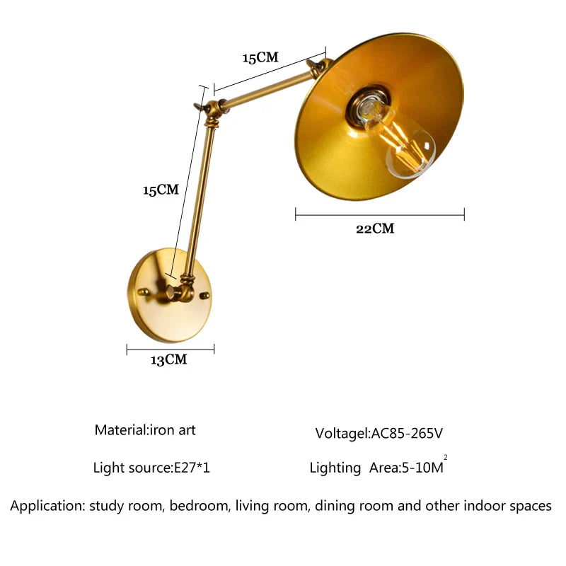 Afralia™ Gold Adjustable Long Arm Wall Light - Retro Style Flex Lamp for Home and Restaurant