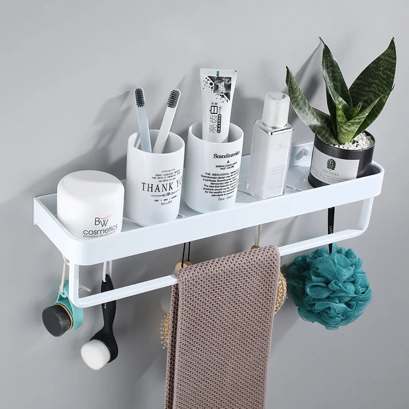 Afralia™ Black Corner Shelf with Towel Bar, Wall Mounted Aluminum Kitchen Storage Holder