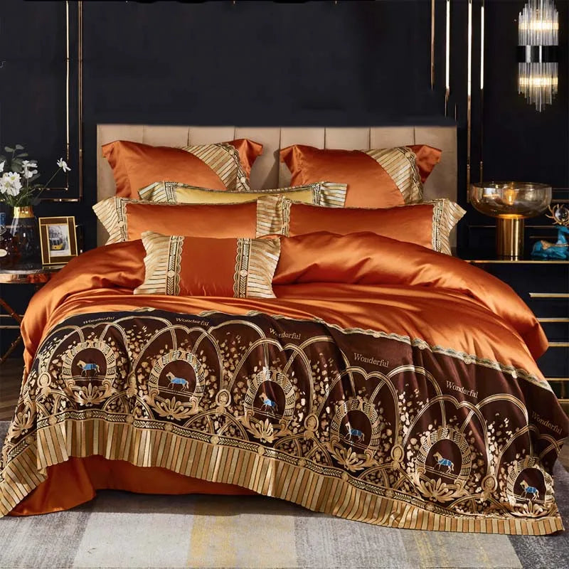 Afralia™ Luxury Horse Lace Silk Cotton Bedding Set, Orange, 1000TC