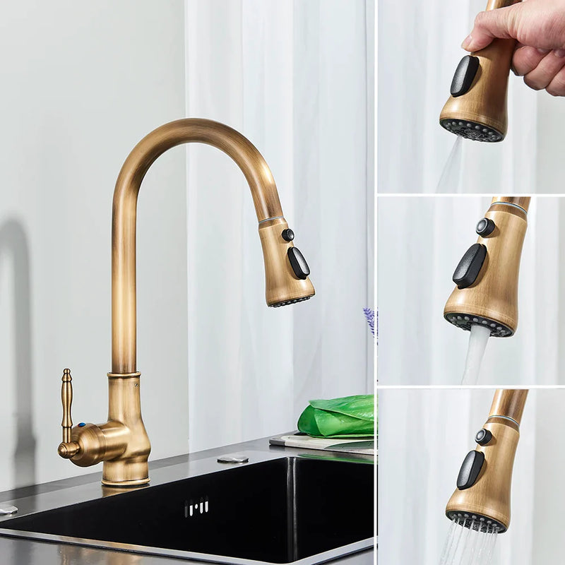 Afralia™ Antique Brass Kitchen Faucet with Pull Down Spout and Single Handle