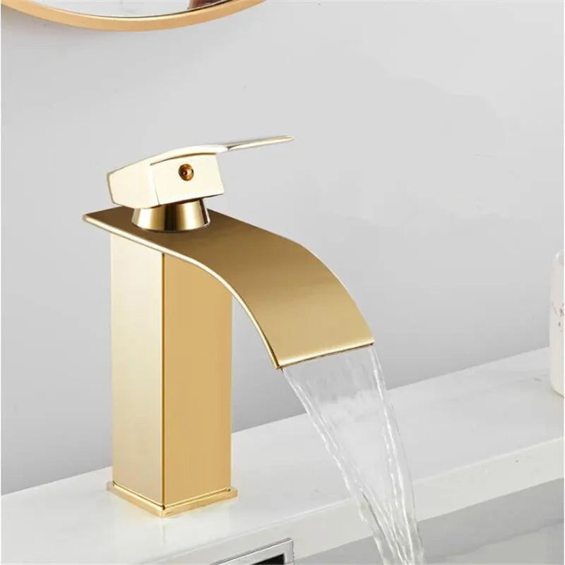 Afralia™ Gold Waterfall Basin Faucet: Brass Bathroom Mixer Tap, Hot Cold Sink Faucet