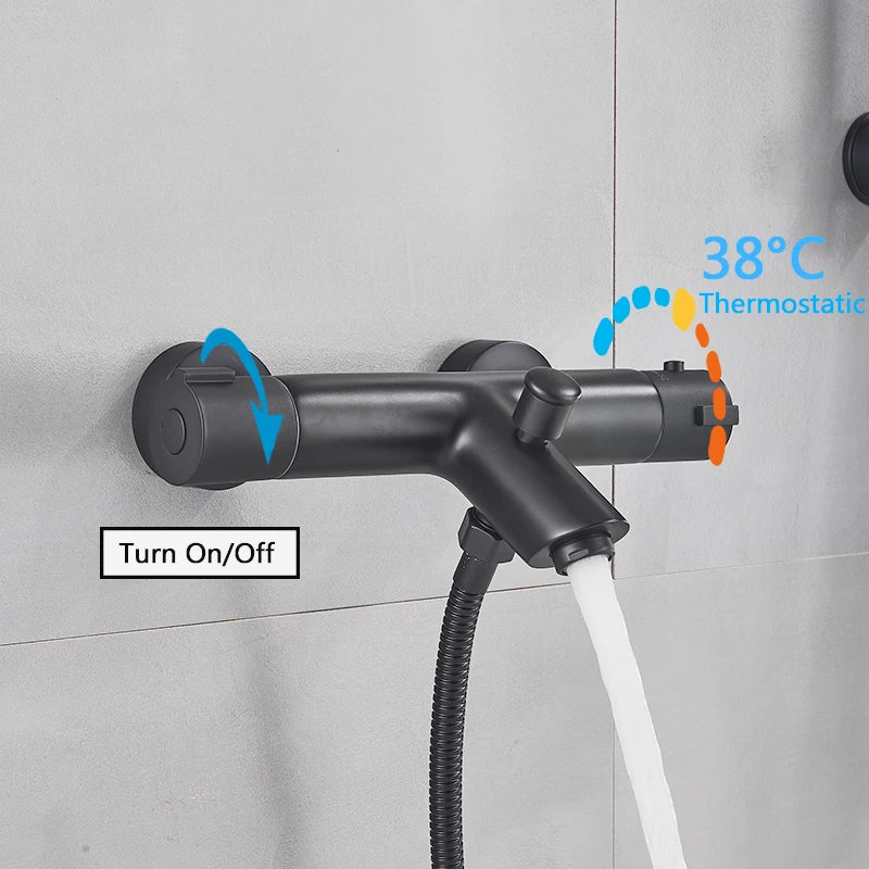 Afralia™ Matte Black Thermostatic Shower Faucet with Handheld Shower - Wall Mounted