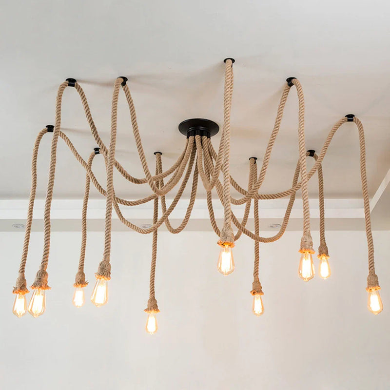 Afralia™ Spider Chandelier Hemp Rope Pendant Light Vintage Industrial Ceiling Lamp