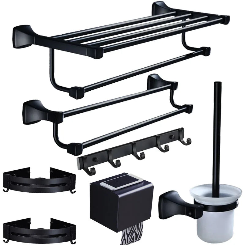 Afralia™ Aluminum Black Bathroom Hardware Set: Towel Holder, Paper Holder, Corner Shelf, Towel Rack, Toilet Brush Holder