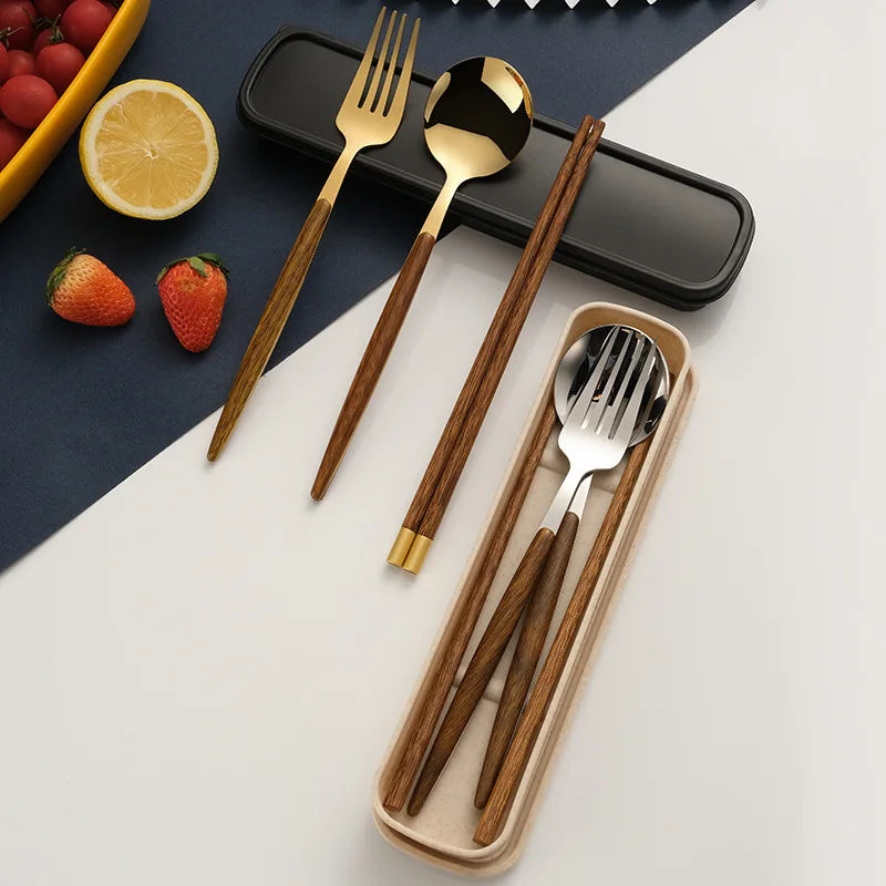 Afralia™ Stainless Steel Wooden Handle Cutlery Set Kitchen Tableware