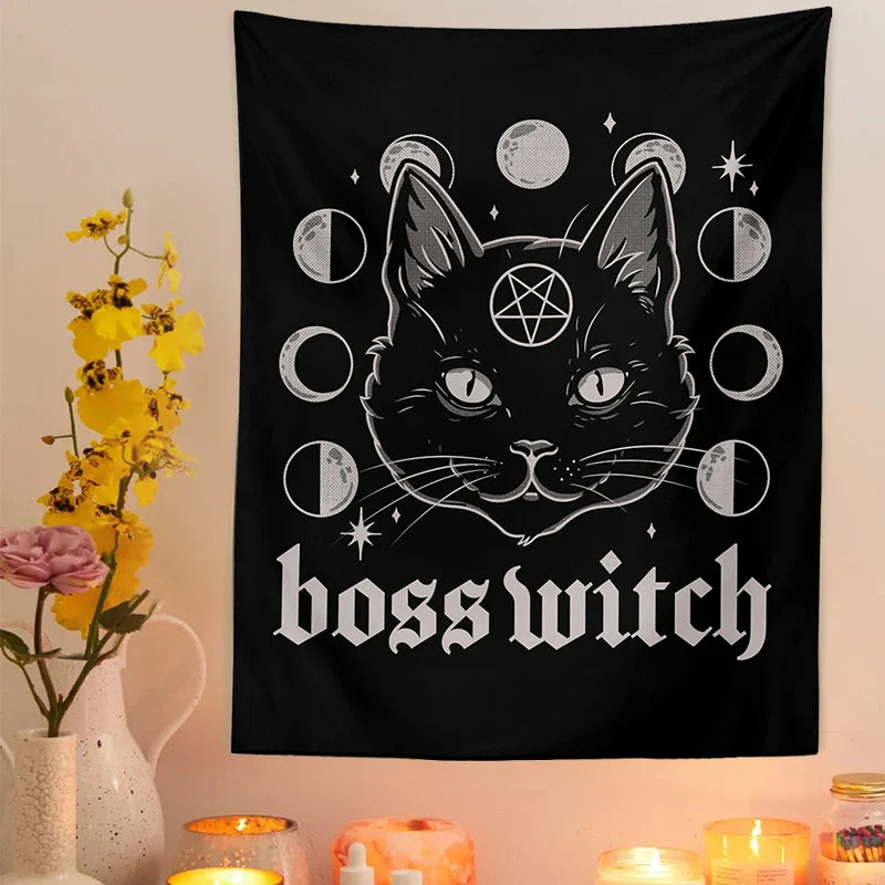 Afralia™ Cat Witchcraft Black Tapestry Wall Hanging Baphomet Occult Home Decor