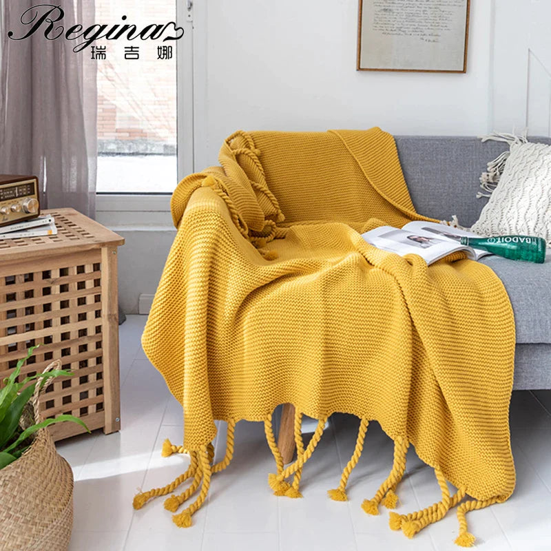 Afralia™ Luxury Hand Knitted Fringed Blanket Throw - Soft & Warm Weighted Bed Throw - Green/Yellow/Gray/Pink