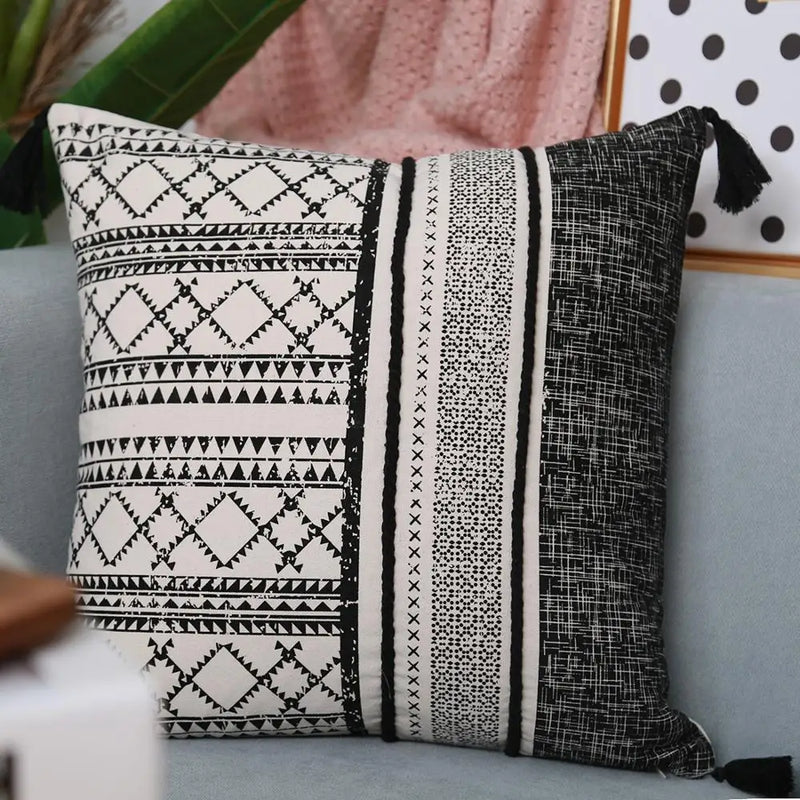 Afralia™ Retro Cotton Black Cushion Cover with Tassles, Boho Style Home Decor