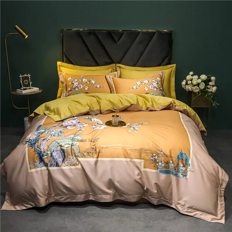 Afralia™ 1400TC Egyptian Cotton Bird Floral Bedding Set - Luxury 4Pcs