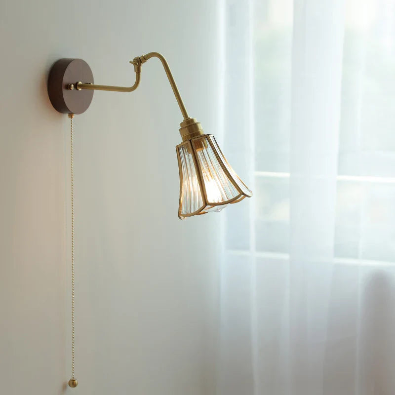 Afralia™ Vintage Pull Chain Wall Lamp Copper Arm Wood Base Light Fixtures