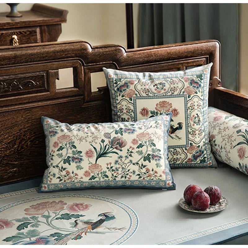 Afralia™ Oriental Floral Bird Print Gray Blue Lumbar Pillow Case for Sofa Bed Couch