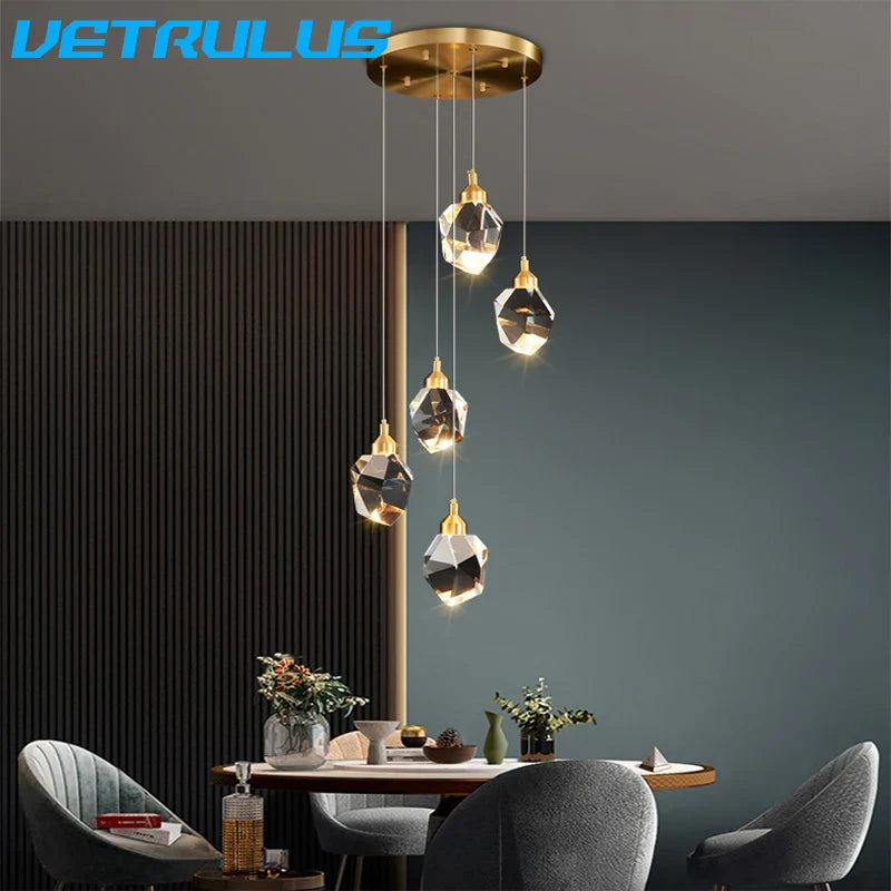 Afralia™ Diamond Crystal LED Chandelier, Brass Ceiling Pendant Light for Dining Room