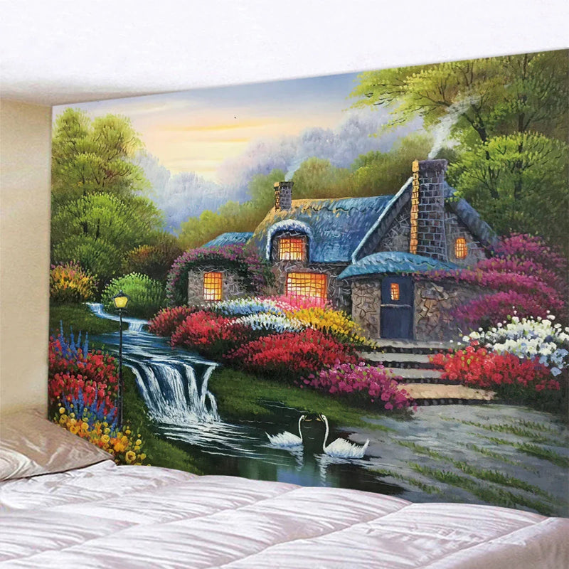 Afralia™ Forest Fairy Tale Cottage Oil Painting Tapestry Wall Hanging