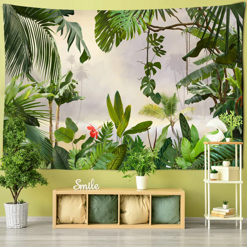 Afralia™ Botanical Palm Leaf Green Tapestry | Tropical Rainforest Plant Wall Hanging