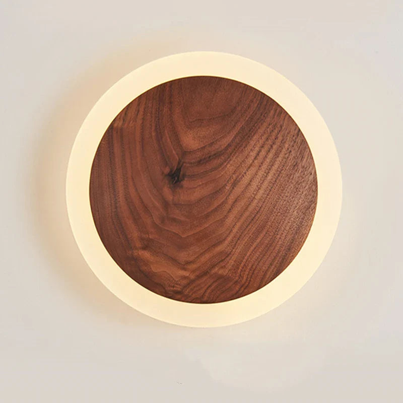 Afralia™ Walnut Round Solid Wood LED Wall Light for Bedroom Living Room Kitchen