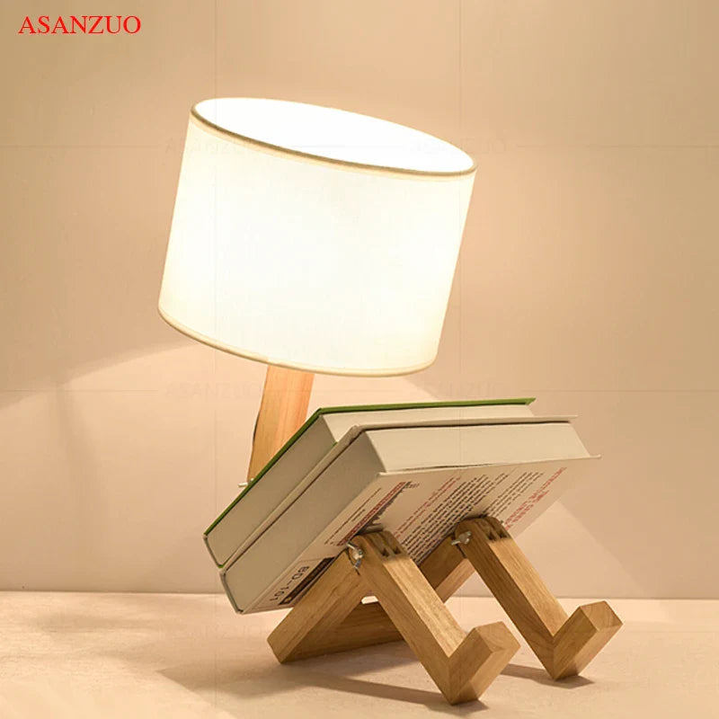 Afralia™ Nordic Wooden Robot Table Lamp LED Desk Lamp for Modern Living Room