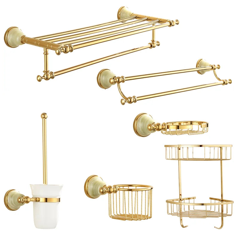 Afralia™ Gold Bathroom Accessories Set: Shelf, Towel Rack, Holder, Brush Holder, Bath Hardware