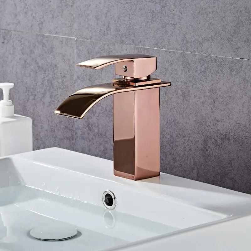 Afralia™ Rose Gold Brass Basin Faucet Waterfall Mixer Single Handle Deck Mounted