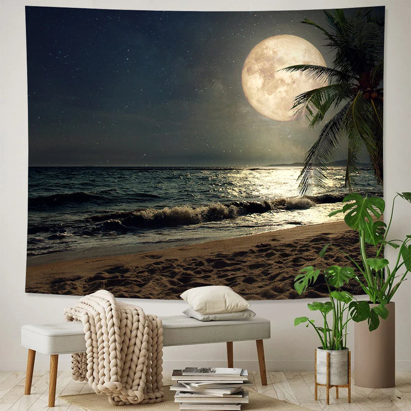 Afralia™ Beach Moon Night Sky Tapestry for Hippie Bohemia Decor & Yoga Mat