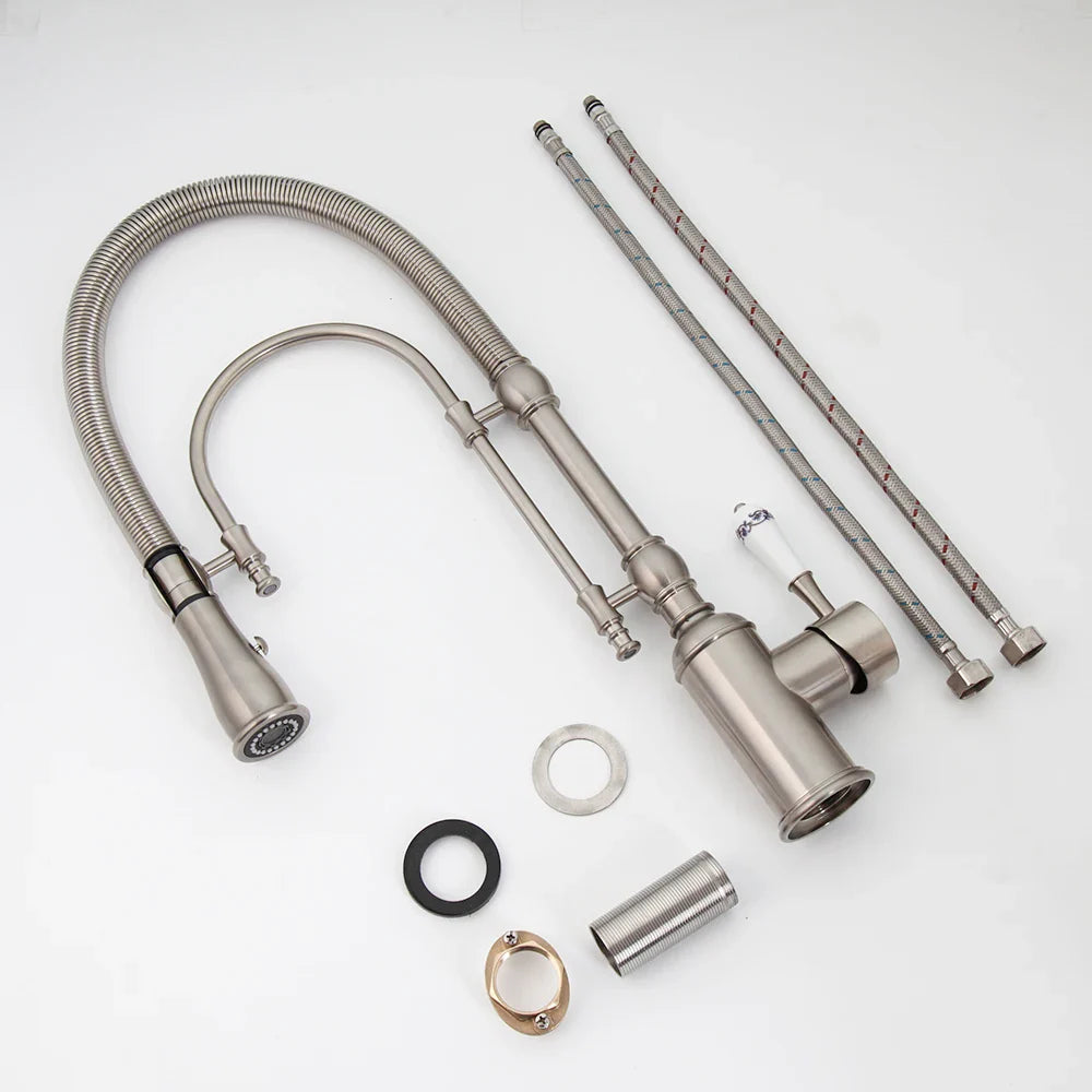 Afralia™ Swivel Kitchen Faucet with Pull Down Spring Spray in Brushed Nickel