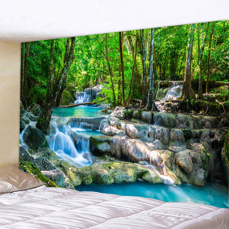 Afralia™ Forest Waterfall Art Tapestry: Boho Hippie Decor Yoga Mat Sofa Blanket