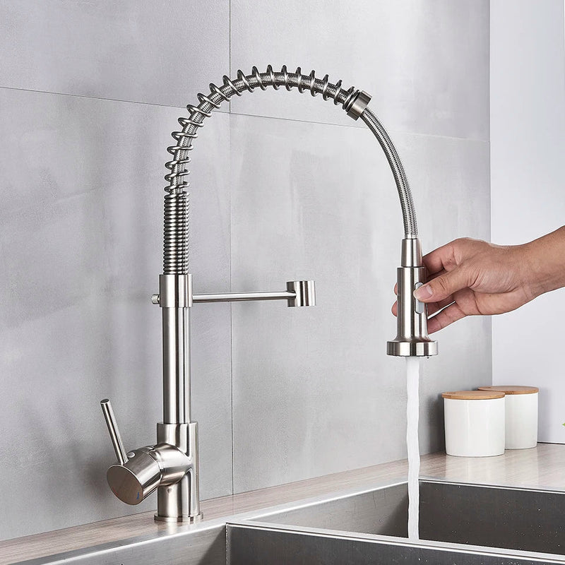 Afralia™ Brushed Nickel Pull Down Kitchen Faucet - 360° Rotation Hot Cold Water Mixer