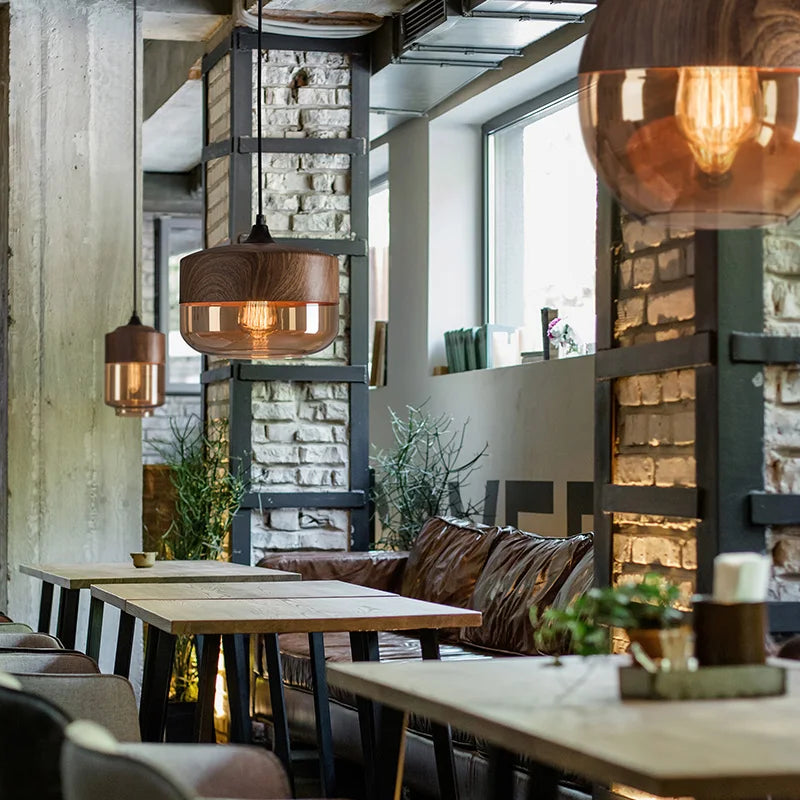 Afralia™ Nordic Wood Color LED Glass Pendant Lights for Dinning Room, Bedroom, Cafe - Modern Hanging Lamp