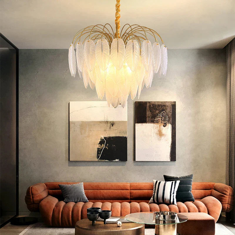 Afralia™ Art Deco White Glass Feather Chandelier with LED Lighting for Foyer & Bedroom