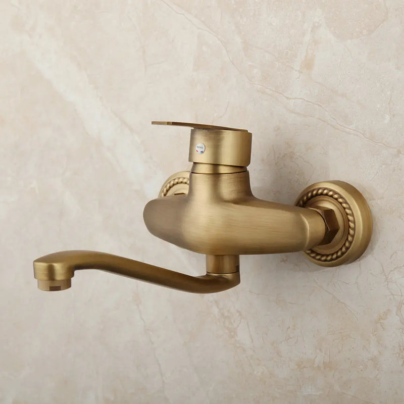 Afralia™ Antique Brass Basin Sink Mixer Tap Wall Mounted Kitchen Faucet