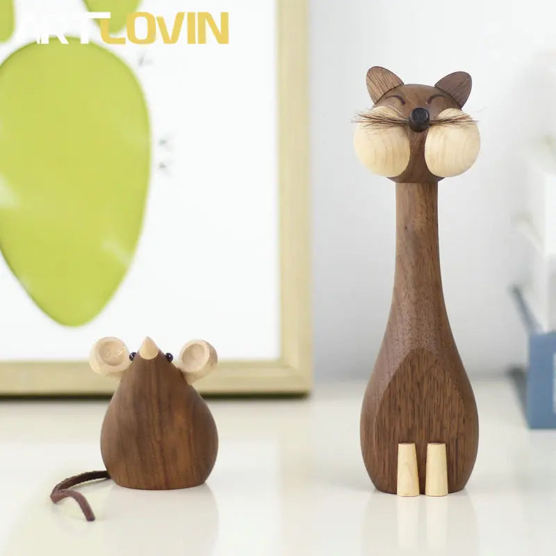 Afralia™ Wooden Cat and Mouse Figurines: Modern Luxury Home Decor Ornaments