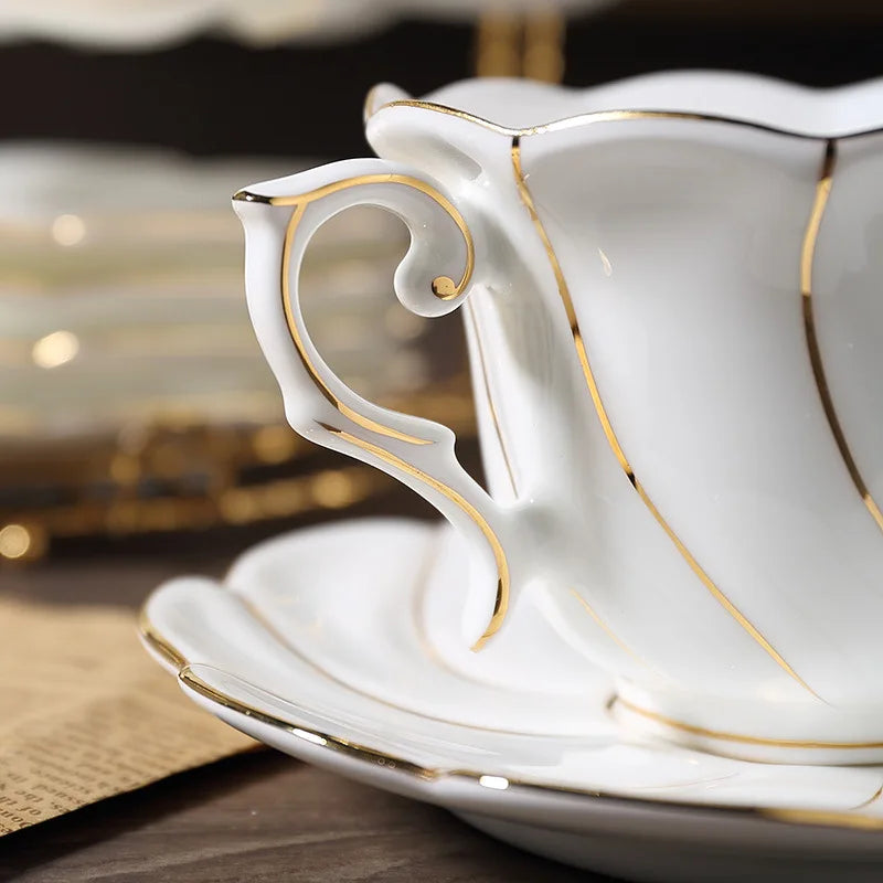 Afralia™ Gold Wave Bone China Tea Cup Set 200ml High-grade Porcelain Drinkware