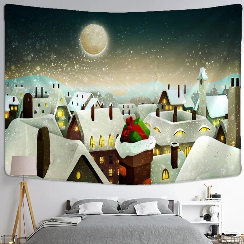 Afralia™ Christmas Snow House Tapestry Wall Hanging Landscape Art Home Decor