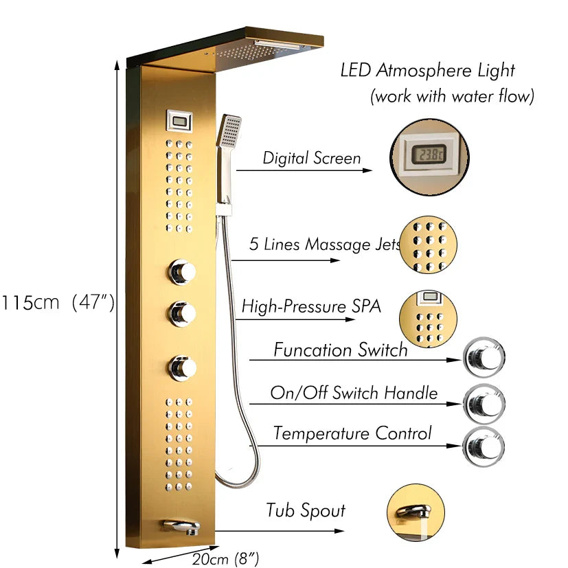 Afralia™ Brushed Nickel Shower Column with Hand Shower, Tub Spout, and Massage System