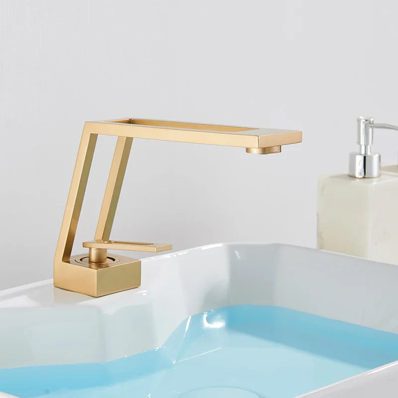 Afralia™ Square Brushed Gold Basin Faucet with Hollow-Carved Design