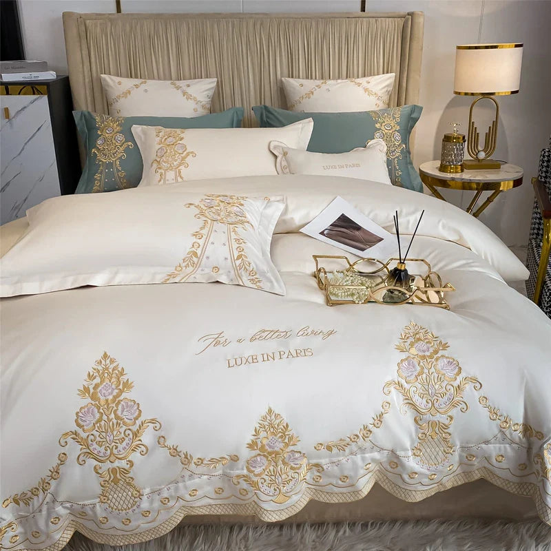Afralia™ 1000TC Egyptian Cotton Gold Embroidery 4Pcs Bedding Set - Luxe Chic Collection