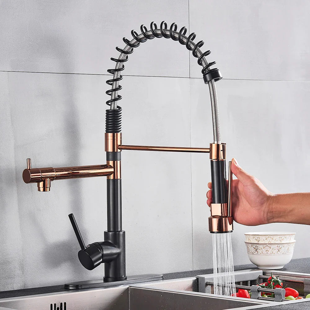 Afralia™ Rose Gold Black Kitchen Faucet with Dual Spouts and 360 Rotation