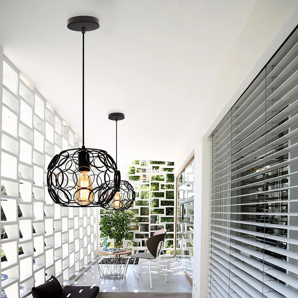 Afralia™ Industrial Iron Pendant Lights Modern Metal Cage E27 LED Hanging Lamp for Home & Restaurant